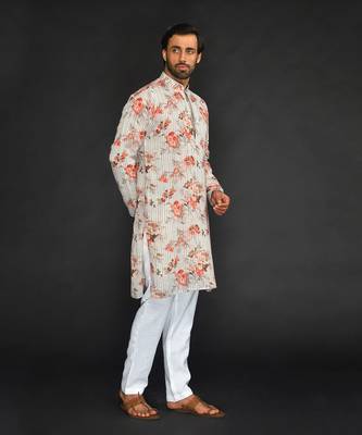 Katha Work Printed Linen Kurta With Churidar 5