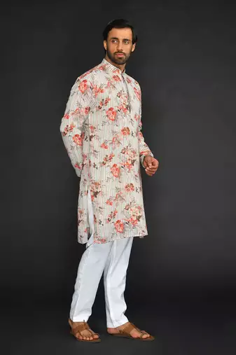 Katha Work Printed Linen Kurta With Churidar