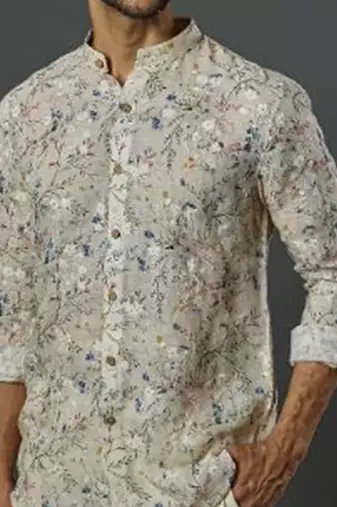 Linen Printed And Machine Embroidered Short Kurta With Slim Pant