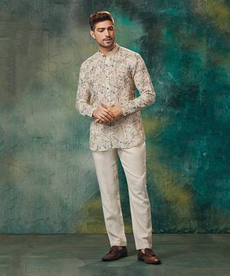 Linen Printed And Machine Embroidered Short Kurta With Slim Pant 1