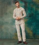Linen Printed And Machine Embroidered Short Kurta With Slim Pant