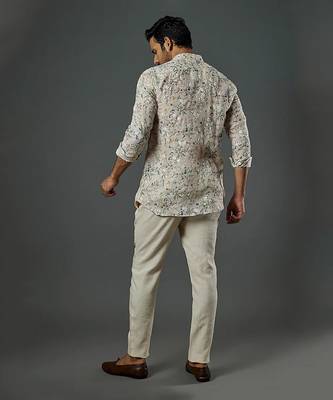 Linen Printed And Machine Embroidered Short Kurta With Slim Pant 3