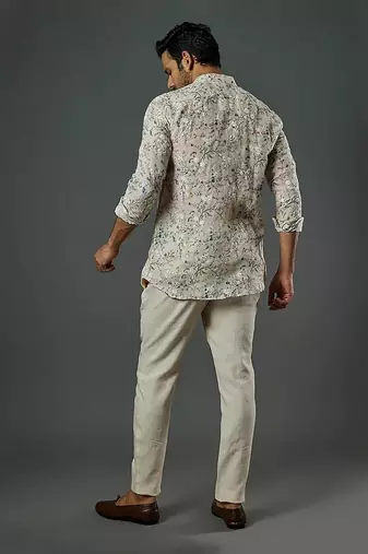 Linen Printed And Machine Embroidered Short Kurta With Slim Pant