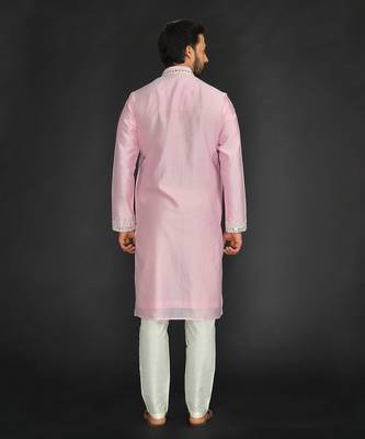 Baby Pink Pure Chanderi Silk Kurta With Applique Thread Embroidery 2