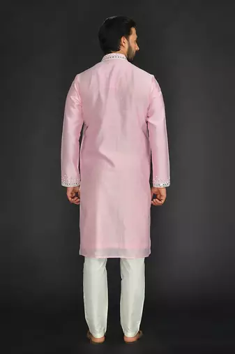 Baby Pink Pure Chanderi Silk Kurta With Applique Thread Embroidery