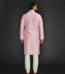 Baby Pink Pure Chanderi Silk Kurta With Applique Thread Embroidery