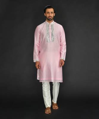 Baby Pink Pure Chanderi Silk Kurta With Applique Thread Embroidery 1