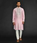 Baby Pink Pure Chanderi Silk Kurta With Applique Thread Embroidery
