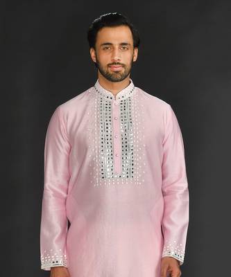 Baby Pink Pure Chanderi Silk Kurta With Applique Thread Embroidery 3