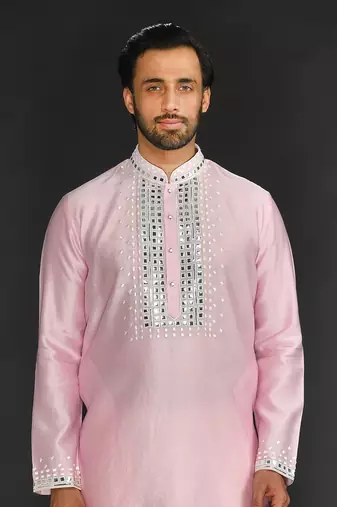 Baby Pink Pure Chanderi Silk Kurta With Applique Thread Embroidery