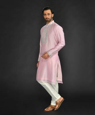 Baby Pink Pure Chanderi Silk Kurta With Applique Thread Embroidery 4