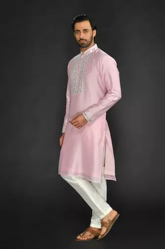 Baby Pink Pure Chanderi Silk Kurta With Applique Thread Embroidery