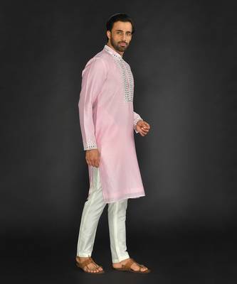 Baby Pink Pure Chanderi Silk Kurta With Applique Thread Embroidery 5