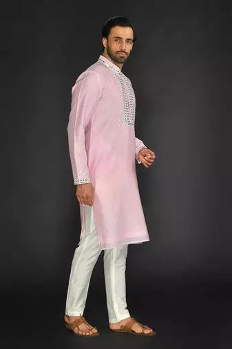 Baby Pink Pure Chanderi Silk Kurta With Applique Thread Embroidery