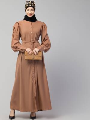 Nazneen Front Open long Cuff Gathered Puffed Sleeve Casual Abaya 3