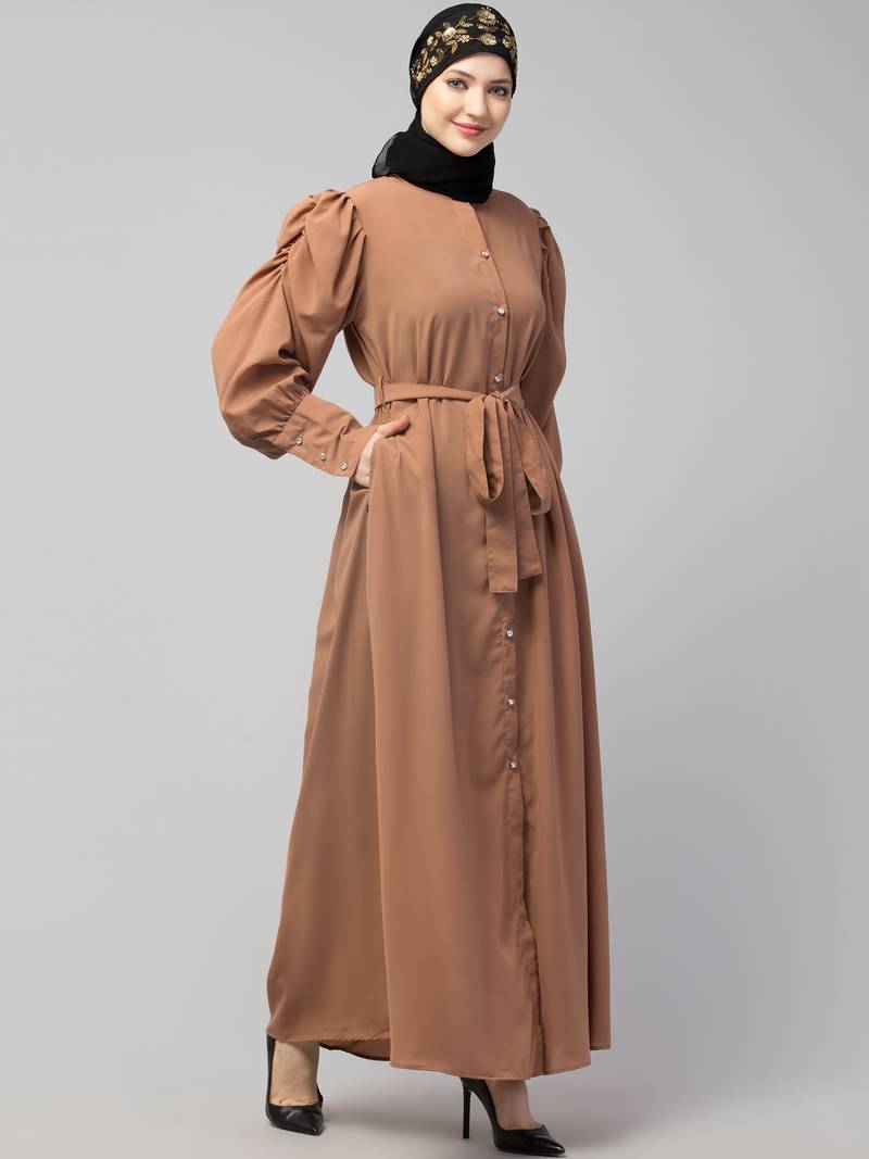 Nazneen Front Open long Cuff Gathered Puffed Sleeve Casual Abaya