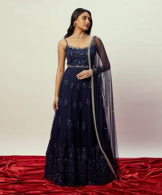Midnight Blue Floral Anarkali Gown Set 1