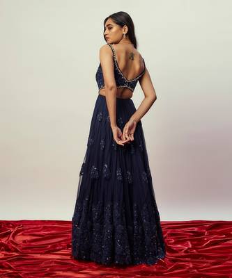 Midnight Blue Floral Anarkali Gown Set 2