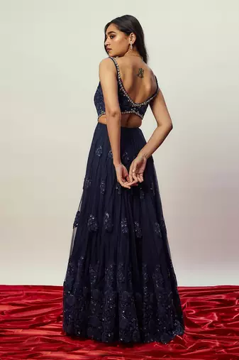 Midnight Blue Floral Anarkali Gown Set