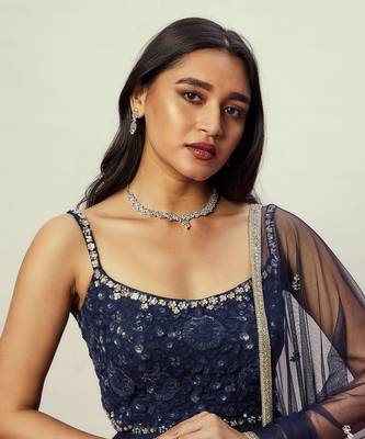 Midnight Blue Floral Anarkali Gown Set 3
