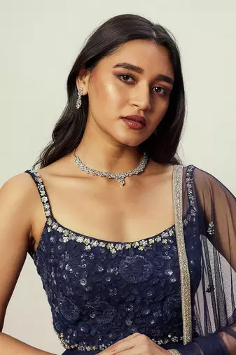 Midnight Blue Floral Anarkali Gown Set