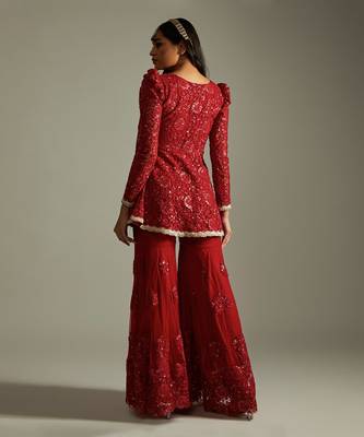 Ruby Red Floral Kurta Gharara Set 2
