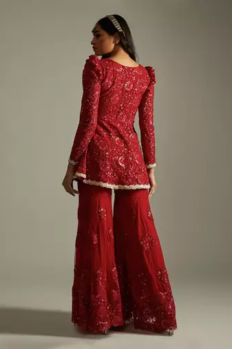 Ruby Red Floral Kurta Gharara Set