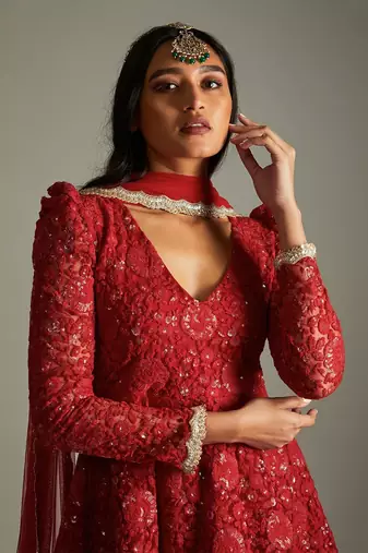 Ruby Red Floral Kurta Gharara Set