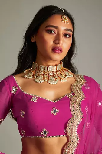 Magenta Mirror And Gota Lehenga Set