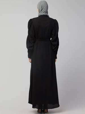 Nazneen Front Open long Cuff Gathered Puffed Sleeve Casual Abaya 2