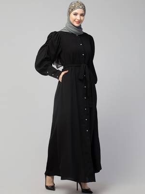 Nazneen Front Open long Cuff Gathered Puffed Sleeve Casual Abaya 3