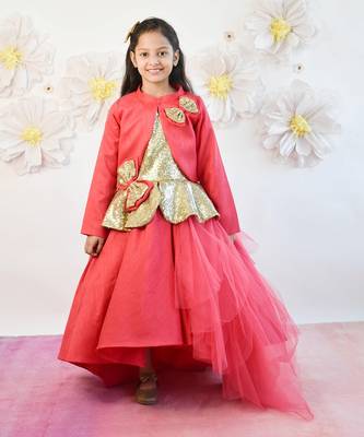 Coral Pink Net Gown With Shrug 1