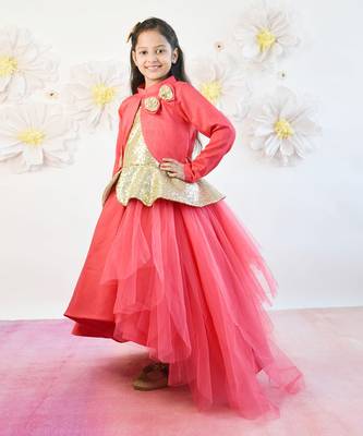 Coral Pink Net Gown With Shrug 2