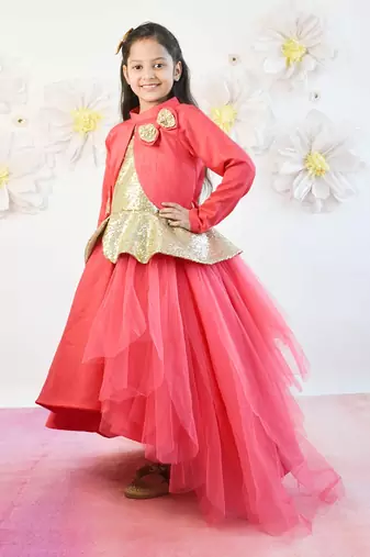 Coral Pink Net Gown With Shrug