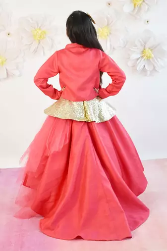 Coral Pink Net Gown With Shrug