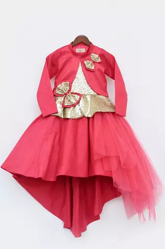 Coral Pink Net Gown With Shrug