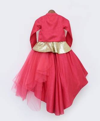 Coral Pink Net Gown With Shrug 5