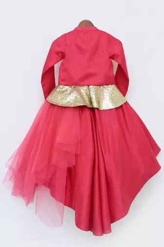 Coral Pink Net Gown With Shrug
