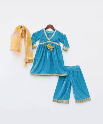 Turquoise Blue Velvet Kurti And Palazzo Pant 1