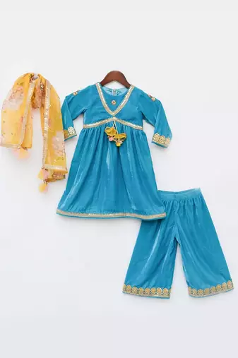 Turquoise Blue Velvet Kurti And Palazzo Pant