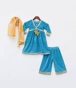 Turquoise Blue Velvet Kurti And Palazzo Pant