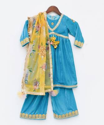 Turquoise Blue Velvet Kurti And Palazzo Pant 4