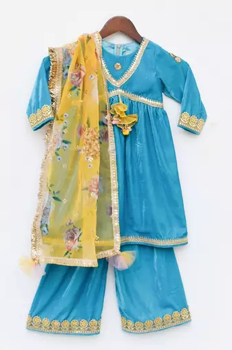 Turquoise Blue Velvet Kurti And Palazzo Pant