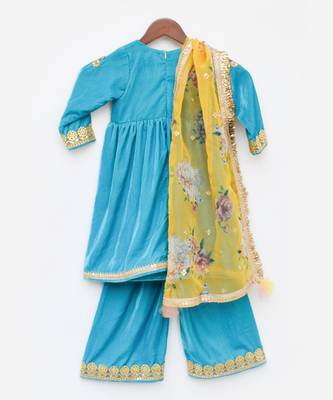 Turquoise Blue Velvet Kurti And Palazzo Pant 5