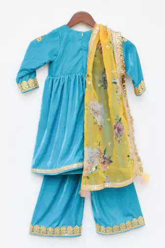 Turquoise Blue Velvet Kurti And Palazzo Pant