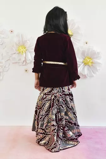 Wine Velvet Sequins Embroidery Gown And Jacket