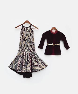 Wine Velvet Sequins Embroidery Gown And Jacket 3