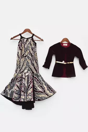 Wine Velvet Sequins Embroidery Gown And Jacket