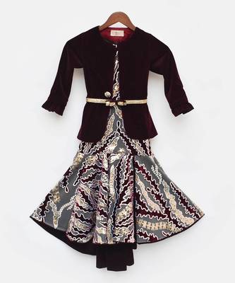 Wine Velvet Sequins Embroidery Gown And Jacket 4
