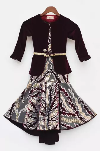 Wine Velvet Sequins Embroidery Gown And Jacket